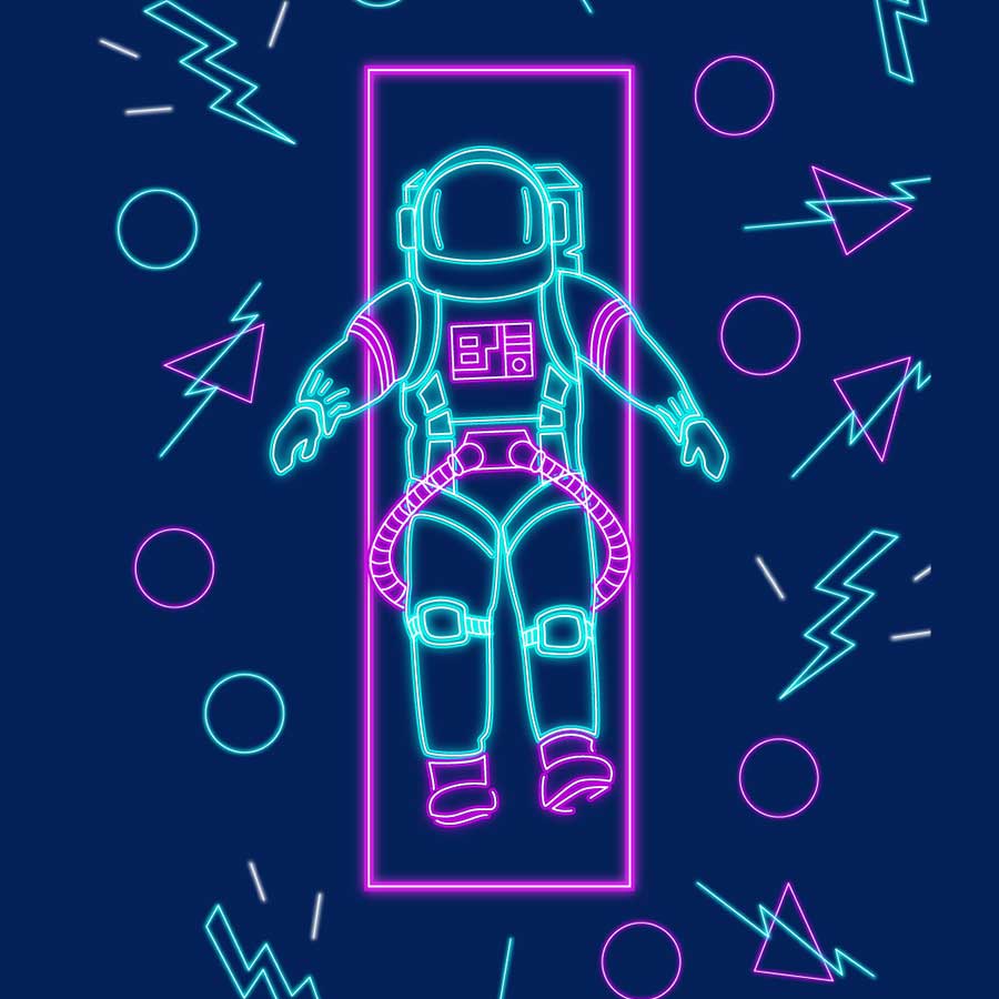 Neonowy projekt kosmicznego astronauty dla kolekcji podróżniczej i lifestylowej